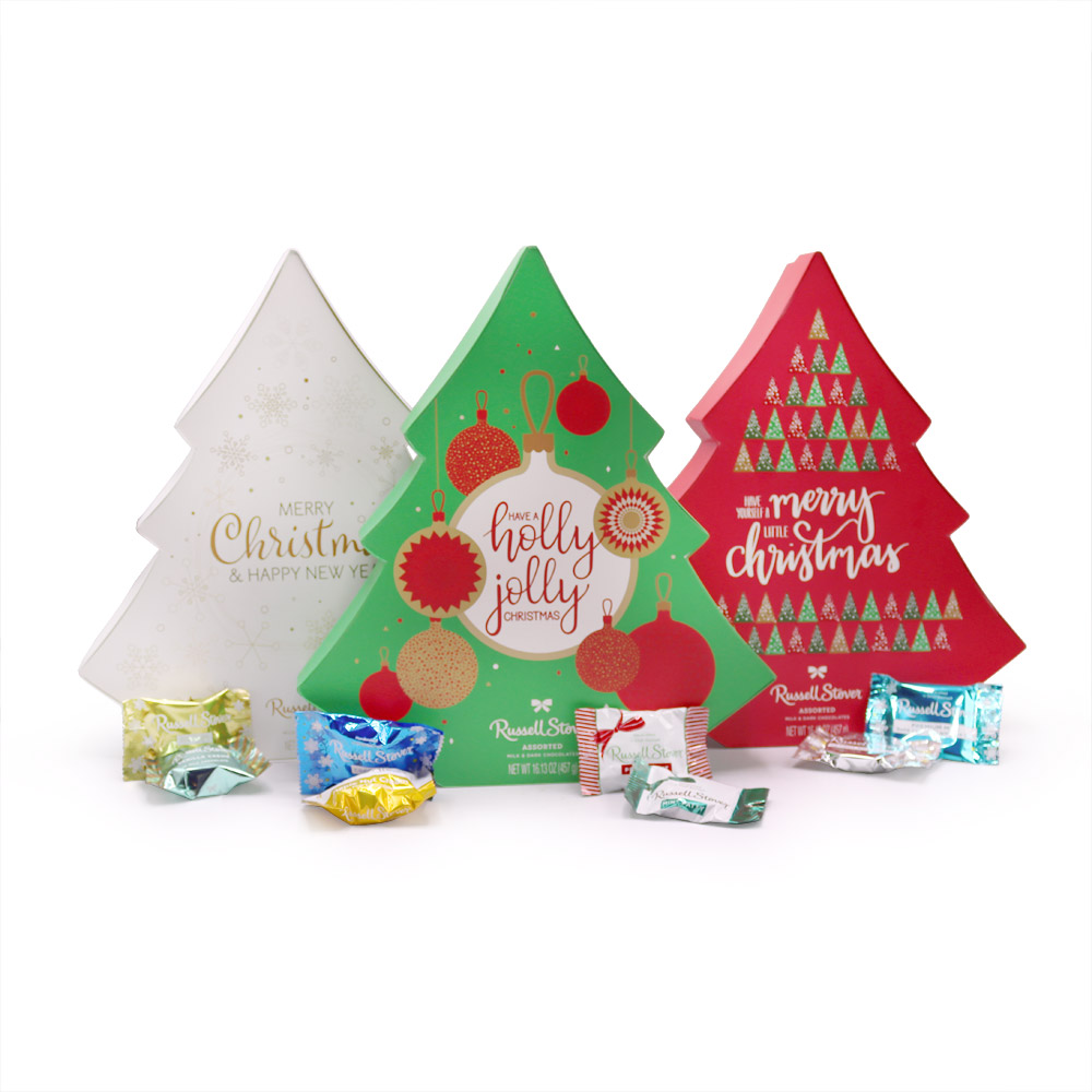 holiday tree gift boxes - 3 pack assorted chocolates, 48 oz. | mixed assorted chocolates | individually wrapped | by russell stover