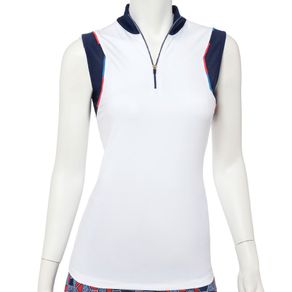 EP Pro Women\'s Variegated Piping Trim Sleeveless Zip Polo 2140612-White Multi  Size xs, white multi