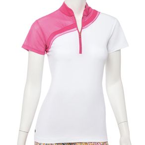 EP Pro Women\'s Mesh Blocked Zip Mandarin Collar Cap Sleeve Polo 2145984-White Multi  Size xs, white multi