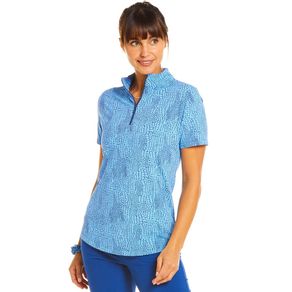 Ibkul Women\'s Snake Print Short Sleeve Zip Mock Neck Polo 2148731-Blue Tonal  Size xs, blue tonal