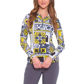 Ibkul Women\'s Jacklin Print Long Sleeve Polo 2158034-Charcoal/Yellow  Size lg, charcoal/yellow