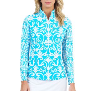 Ibkul Women\'s Mayhem Print Long Sleeve Zip Mock Neck Top 2159484-Turquoise/White  Size xs, turquoise/white