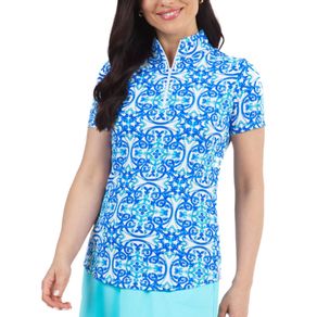 Ibkul Women\'s Alice Print Short Sleeve Zip Mock Neck Top 2159628-Blue Tonal  Size xs, blue tonal