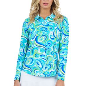 Ibkul Women\'s Emma Print Long Sleeve Polo 2159732-Turquoise  Size xs, turquoise