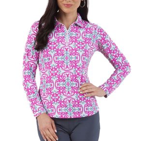 Ibkul Women\'s Alice Print Long Sleeve Polo 2159738-Pink/Charcoal  Size xs, pink/charcoal