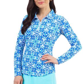 Ibkul Women\'s Alice Print Long Sleeve Polo 2159744-Blue Tonal  Size xs, blue tonal