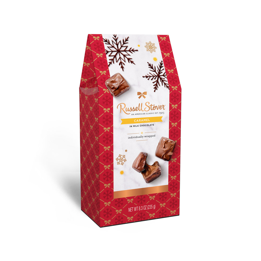 milk chocolate caramels holiday stand up box, 8.3 oz. | chocolates | by russellstover