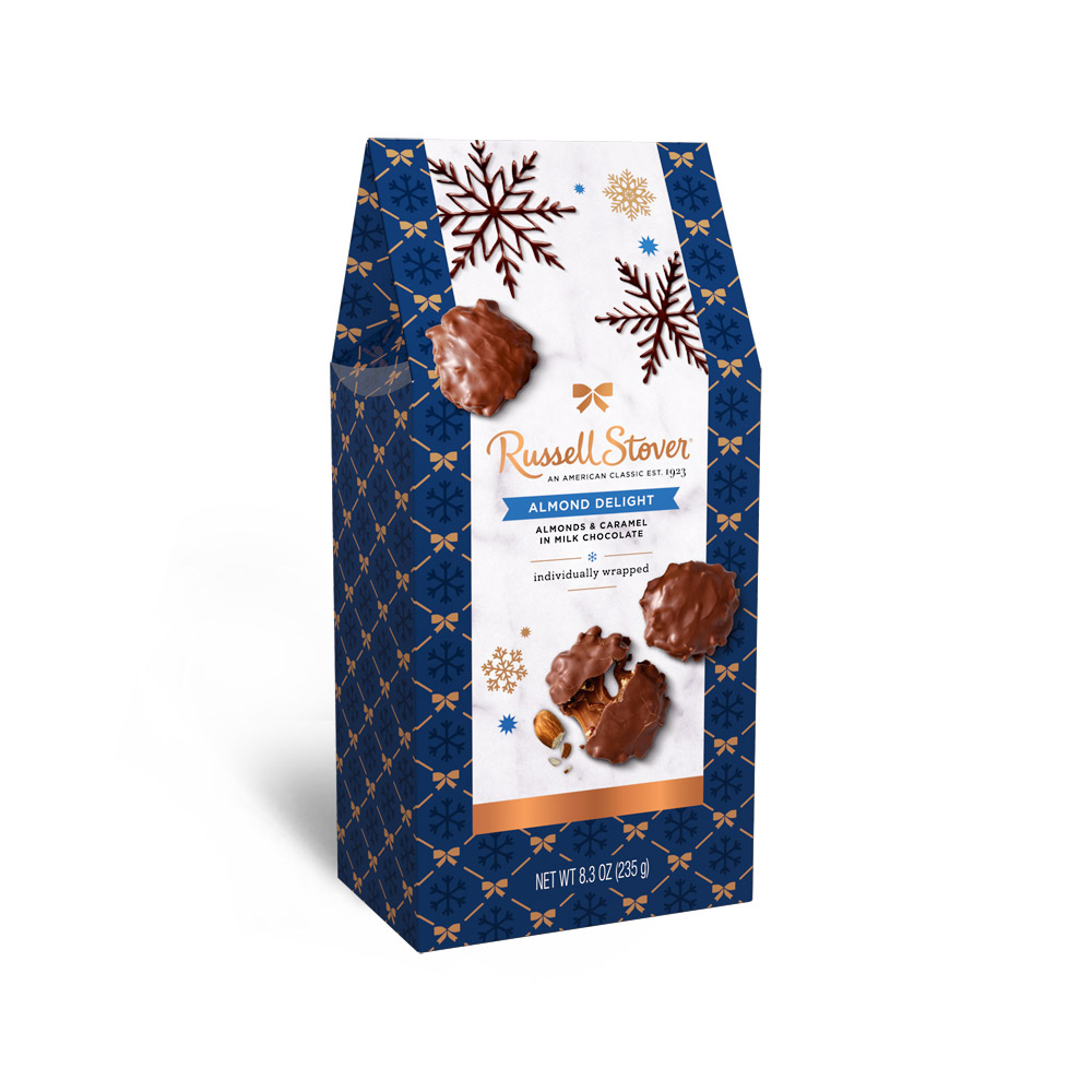 milk chocolate almond delights holiday stand up box, 8.3 oz. | chocolates | by russellstover