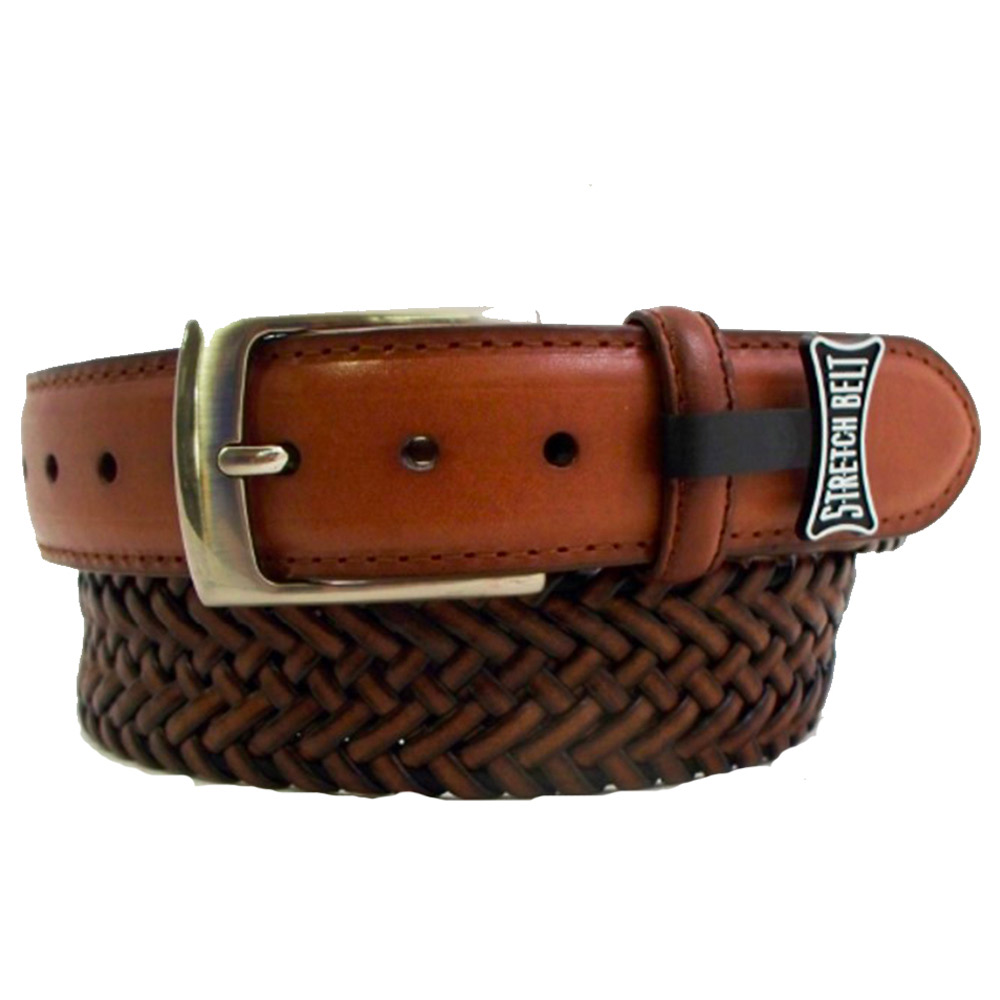 Pinseeker Men\'s 35MM Braided Leather Stretch Belt  Size 44, Tan