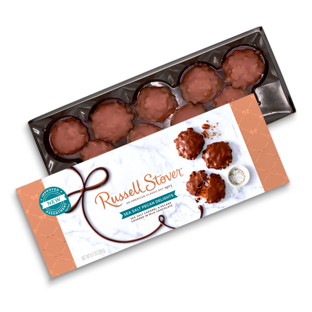 milk chocolate sea salt pecan delights, 8.1 oz. box | chocolates | by russell stover