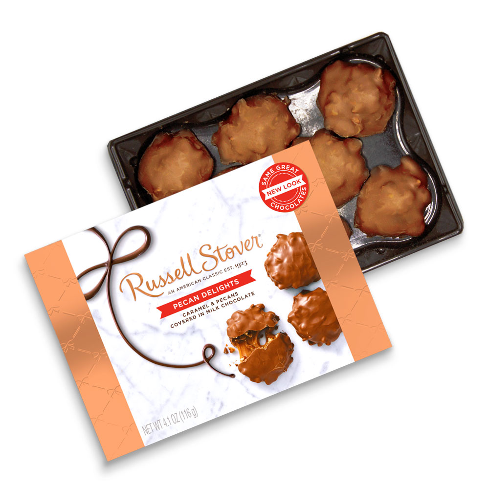 milk chocolate pecan delights, 4.1 oz. box | chocolates | by russell stover