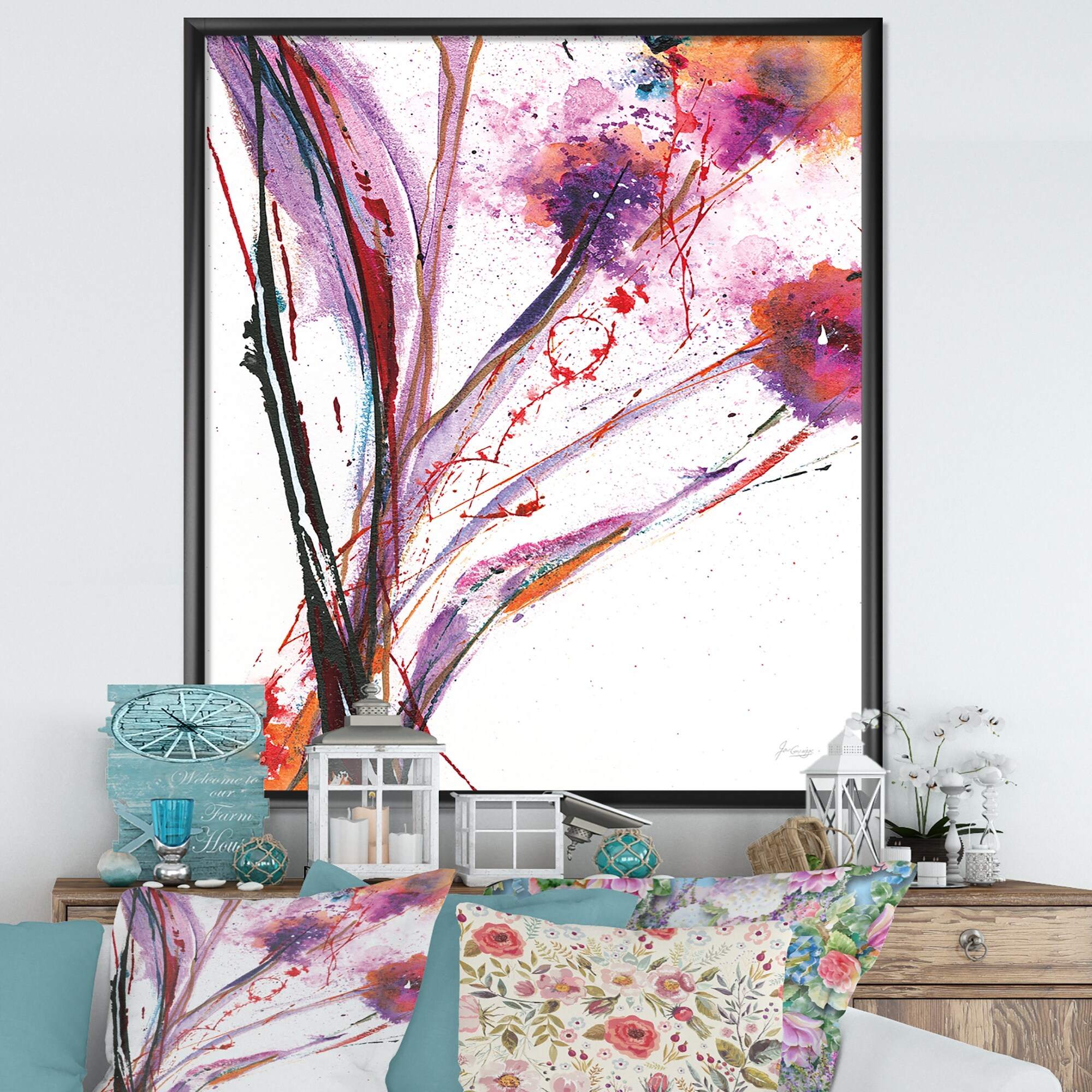 Designart 'Abstract Purple Flowers' Traditional Framed Art Print