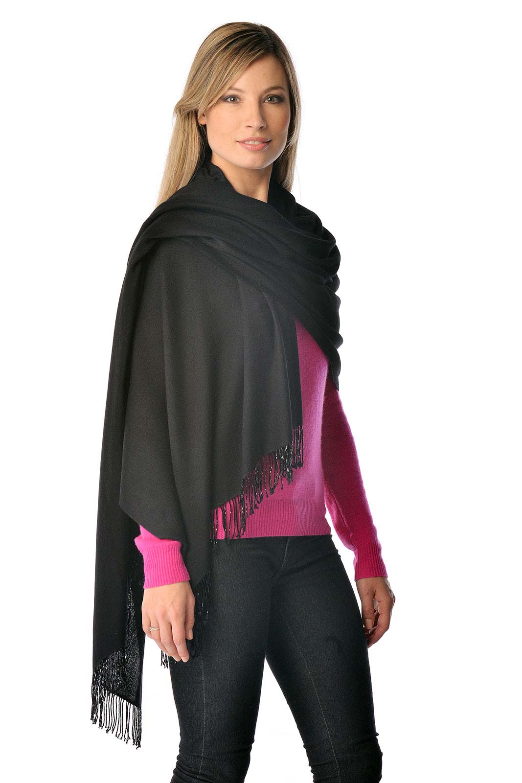 Pashmina Shawl With Beaded Tassels - Black (Black)