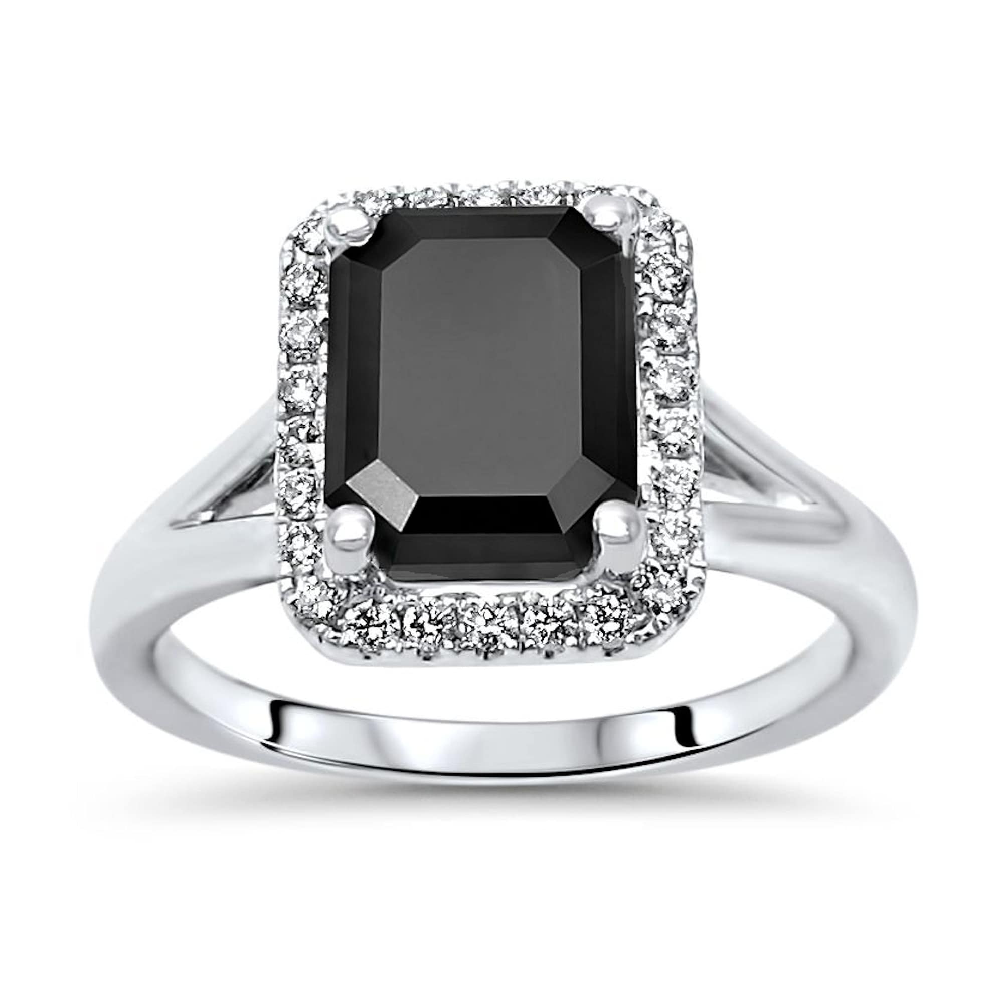 14k White Gold 2 & 2/5ct Emerald Cut Black Diamond Halo Split Shank Engagement Ring