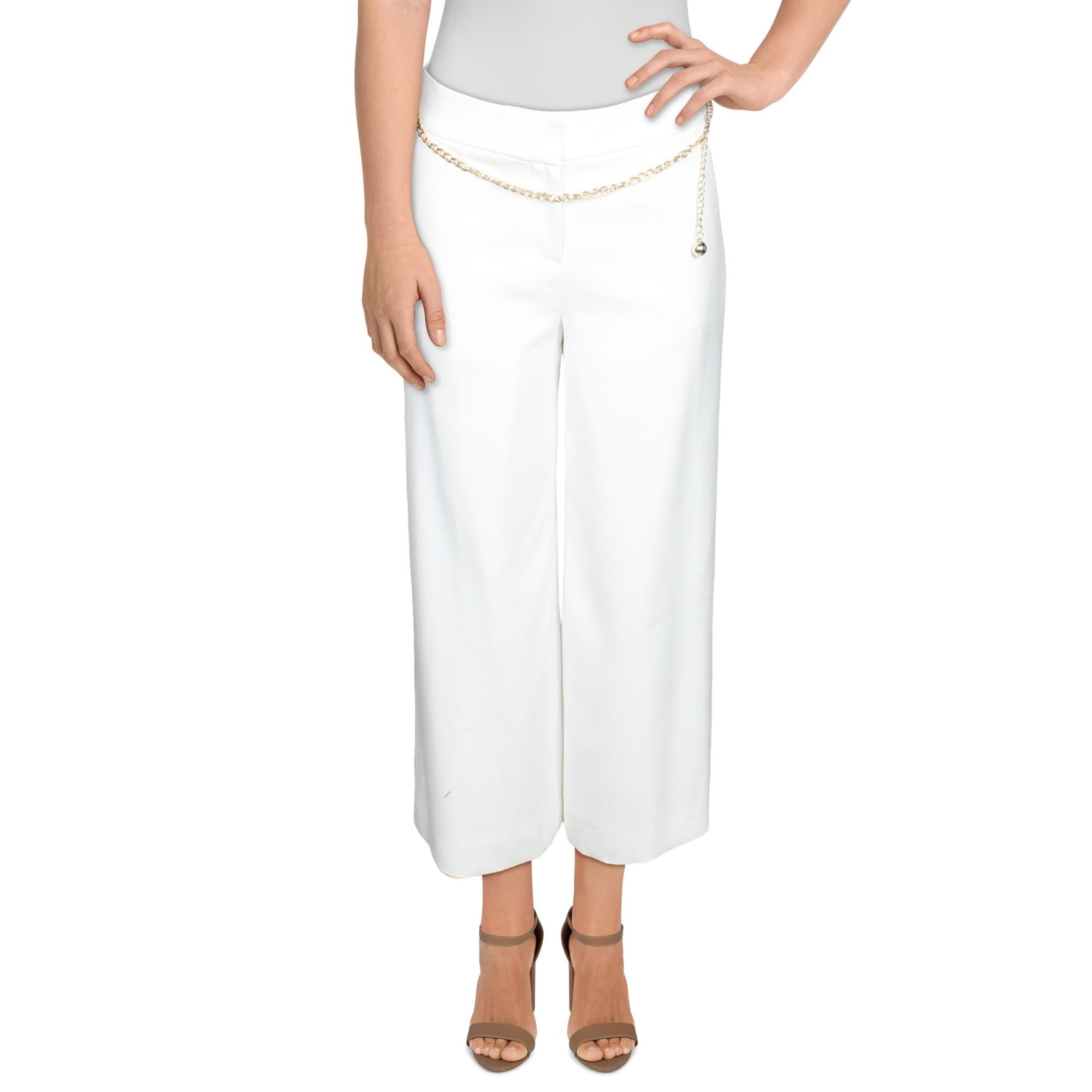 Tahari ASL Womens Wide Leg Pants Chain Belt Solid - Ivory