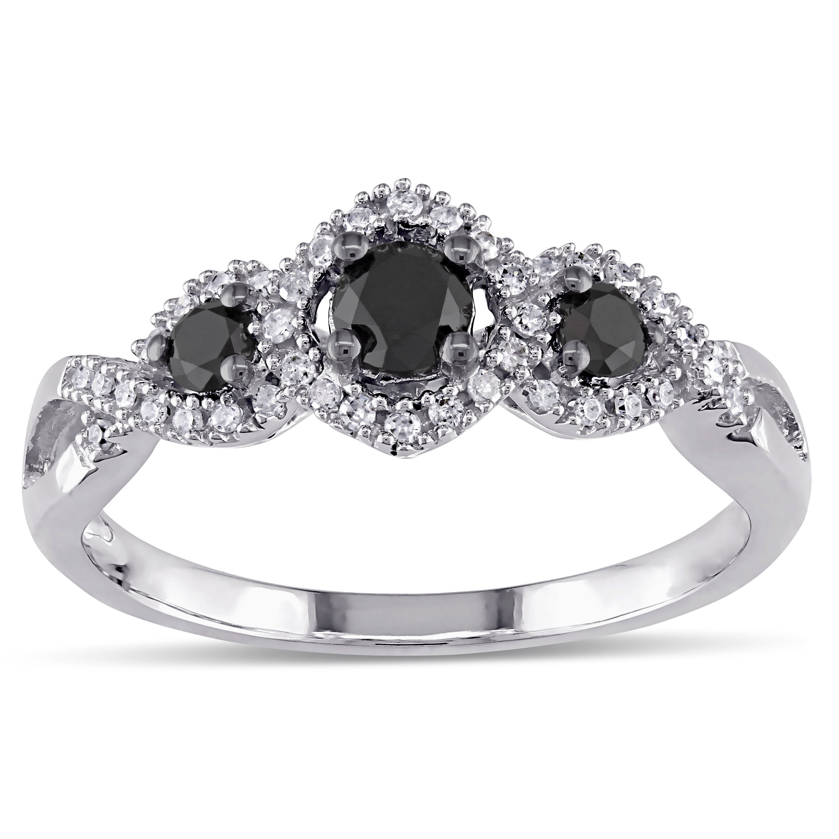 Miadora 1/2 CT Black and White Diamond 3 Stone Ring with 10k White Gold Band