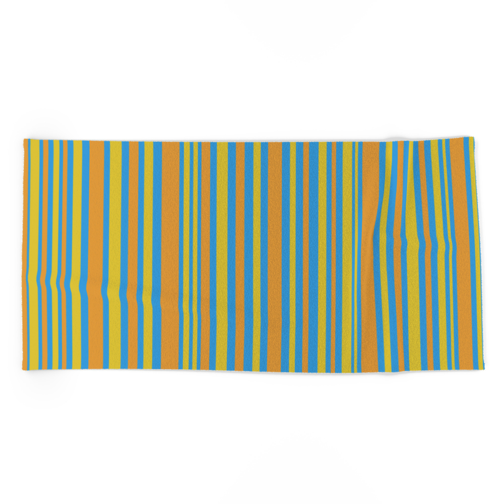 Vertical Stripes Retro Pattern in Mustard Yellows and Bright Blue Beach Towel by kierkegaart