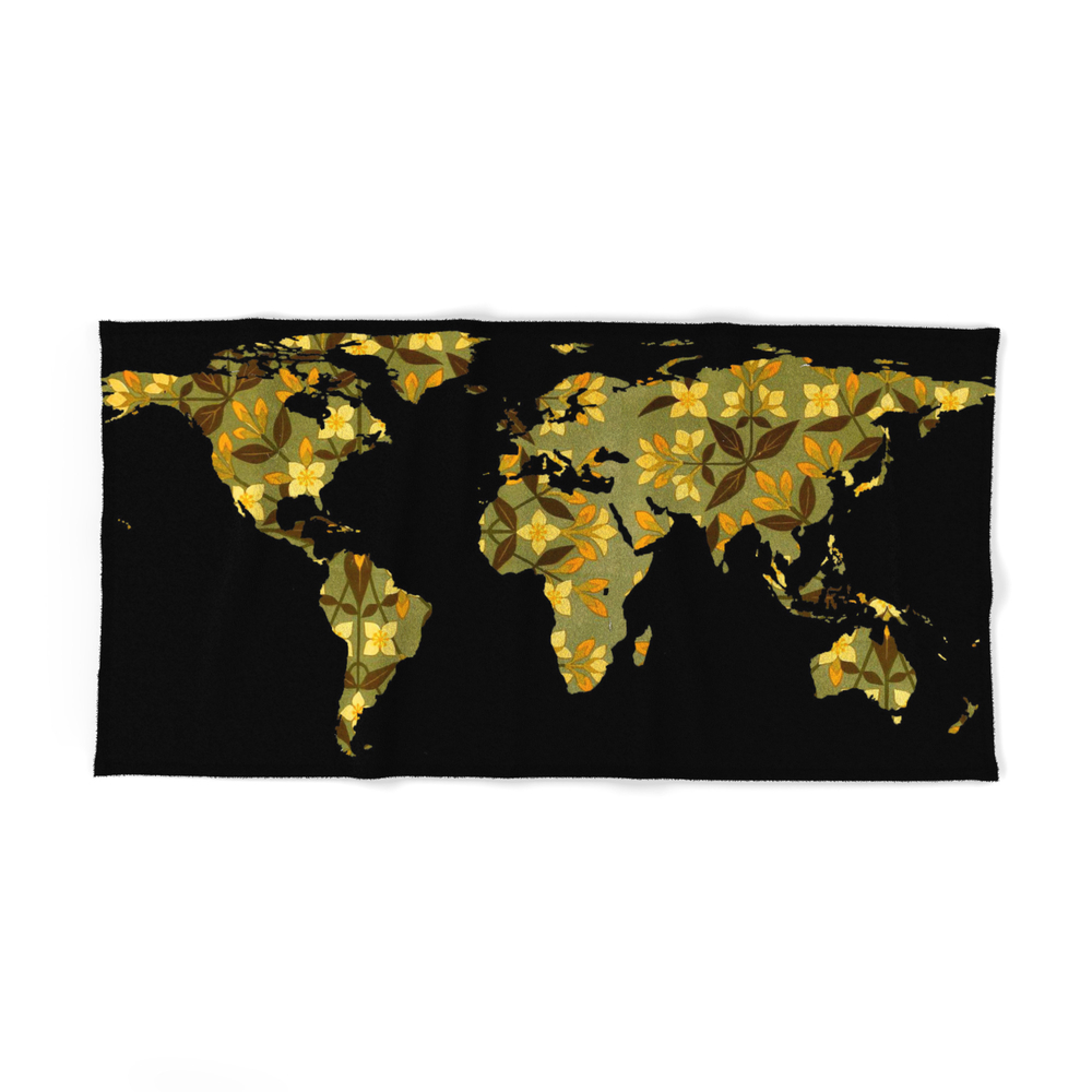 World Map Silhouette - Yellow Flower Pattern Bath Towel by bravuramedia