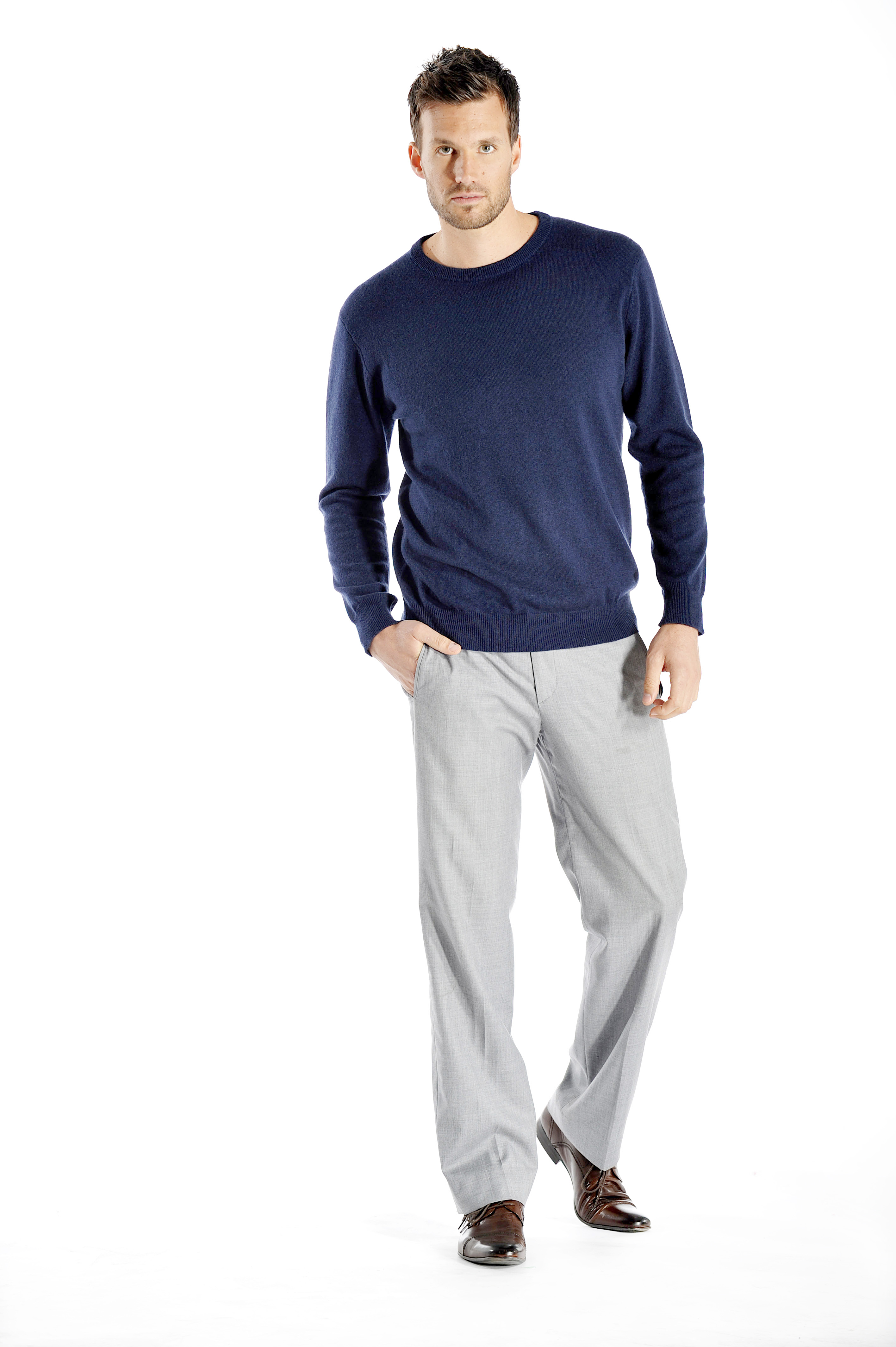 Men\'s Crew Neck Cashmere Sweater (Navy, Large)