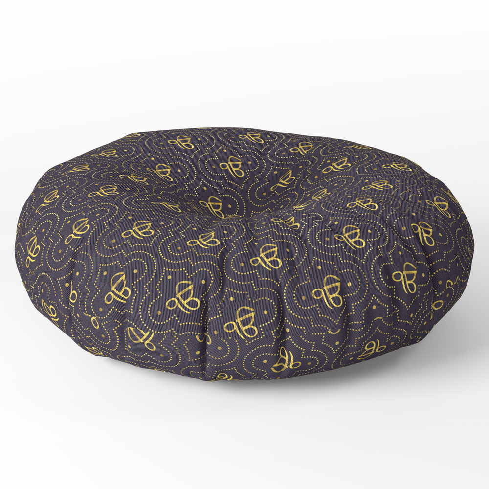 Gold Ek Onkar / Ik Onkar Pattern On Black Round Floor Pillow - x 26