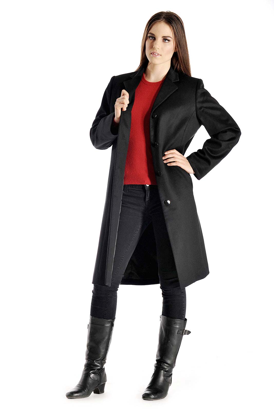 Women\'s Knee Length Overcoat in Pure Cashmere (Black, 2)