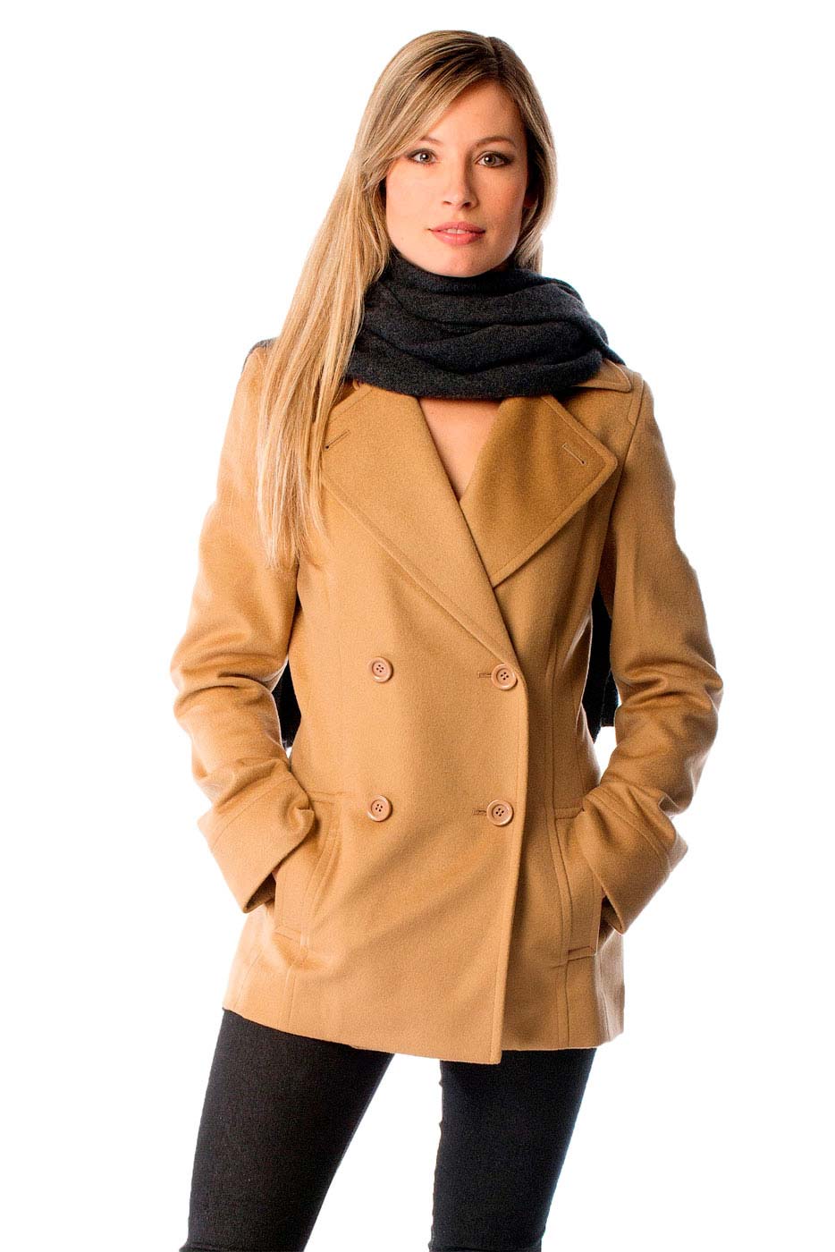 Women\'s Cashmere Pea Coat (Camel, 4)